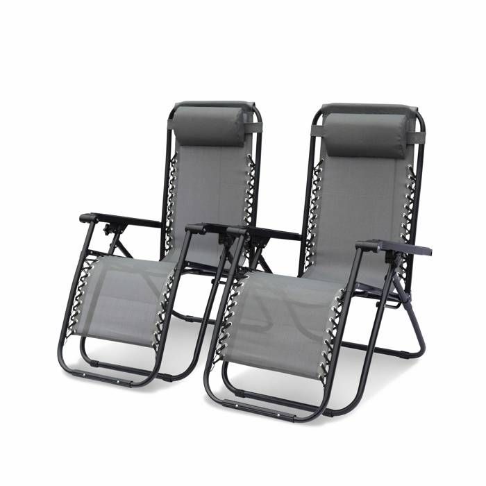 lot de 2 fauteuils relax - alice's garden - patrick - textilène - pliable - multi-positions - gris