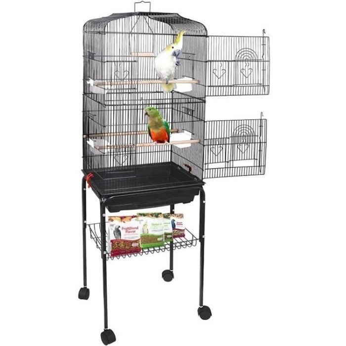 Grande Cage Volière pour Oiseaux Cage à Roulettes avec 4 mangeoires 3 perchoirs H - 150 6cm