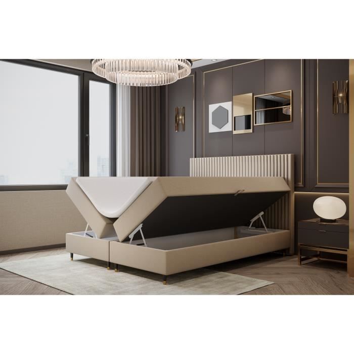 Lit adulte 180x200 cm ESTEPONA - rembourré avec rangement et matelas – Tissu velours - Beige