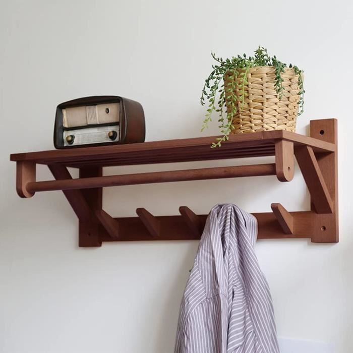 Porte Manteau Mural Étagère De Rangement Avec 4 Compartiments Et 5 Crochets Fhk25 N