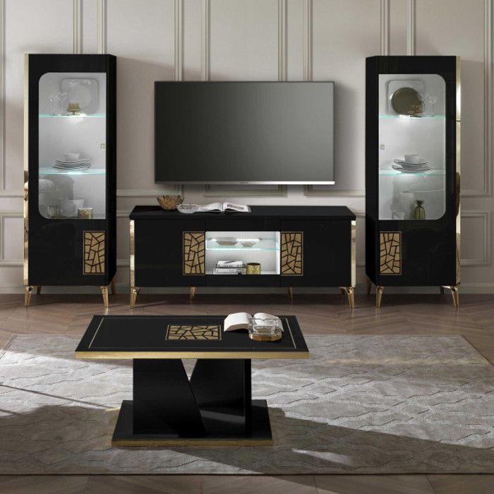 Séjour complet Noir brillant/Or - NAHESA - Noir - Bois - Table basse : L 110 x l 60 x H 44 cm - Meuble TV : M 160 x l 48 x H 67 cm