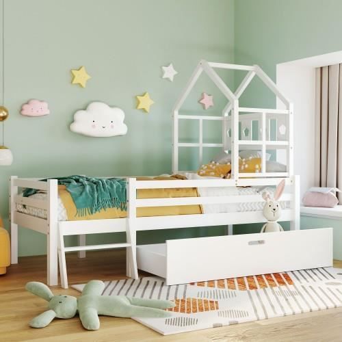 90x200cm,lit familial lit enfant avec échelle et tiroirs, cadre à lattes inclus, lit mezzanine, bois massif blanc (sans matelas)