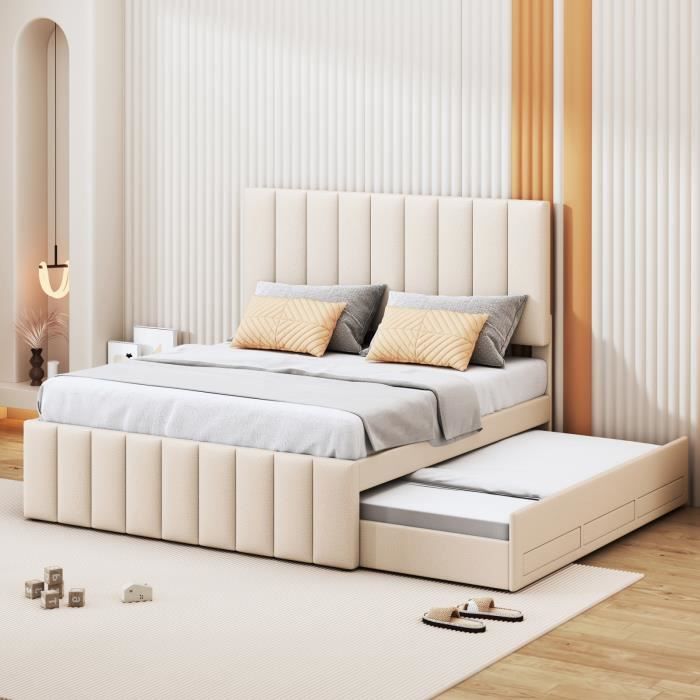 lit rembourré 140 x 200 cm avec lit gigogne et tiroirs, revêtement en lin doux pour la peau, lit d'appoint (beige)