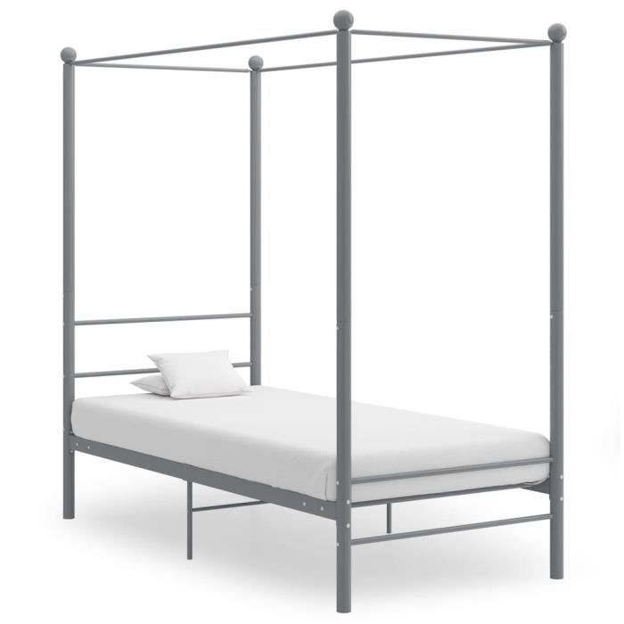 lit à baldaquin simple 1 personne en métal gris 90x200 cm - excellent