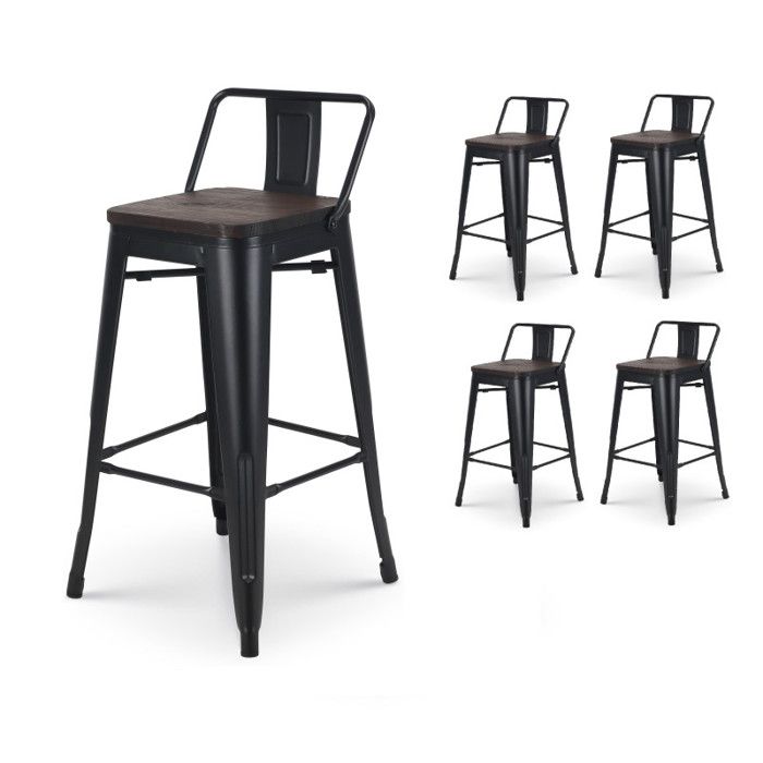 Tabouret de bar en métal noir mat style industriel - Avec dossier - Hauteur 66cm