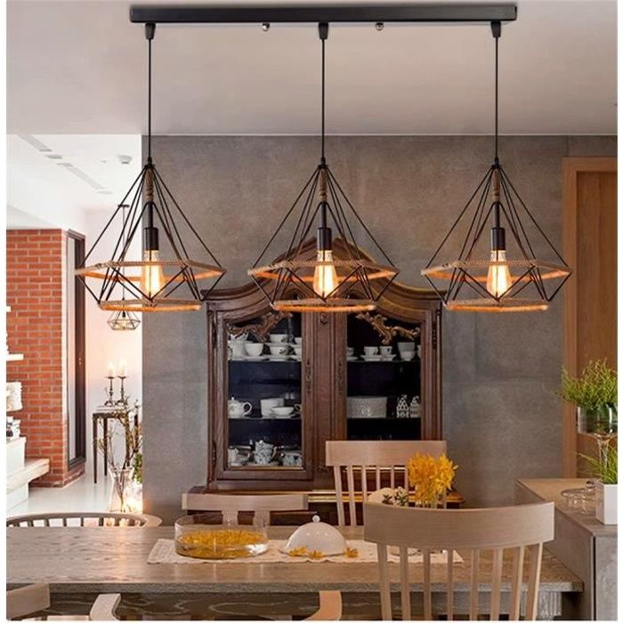 Kawoo Lustre Suspension Industrielle rétro 25cm en forme Diamant Corde de Chanvre Ajustable Luminaire pour Salle à MangerBar