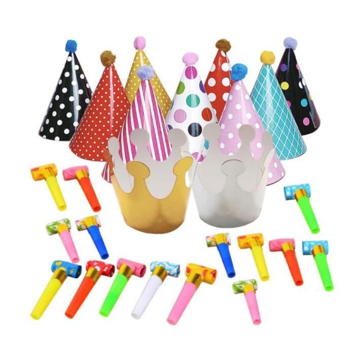 Chapeau d'anniversaire,Kit Party Décoration Mignon pour Fête Anniversaire  Enfants,11pcs Chapeaux Cône de Fête,15pcs Sifflet Colorées
