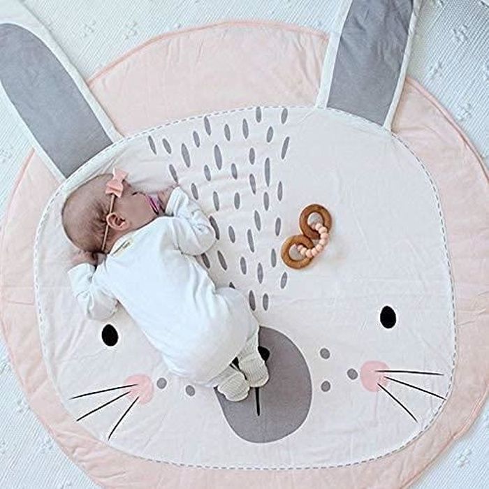 Tapis éveil bébé rond en coton rose - Animaux lapin - Diamètre 90cm