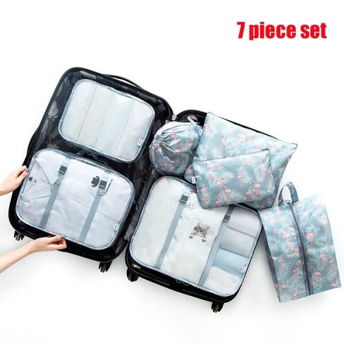 Housse pour valise,Pochette de rangement pour chaussures et  vêtements,ensemble de 7 pièces,sac de rangement,valise- Blue flamingo