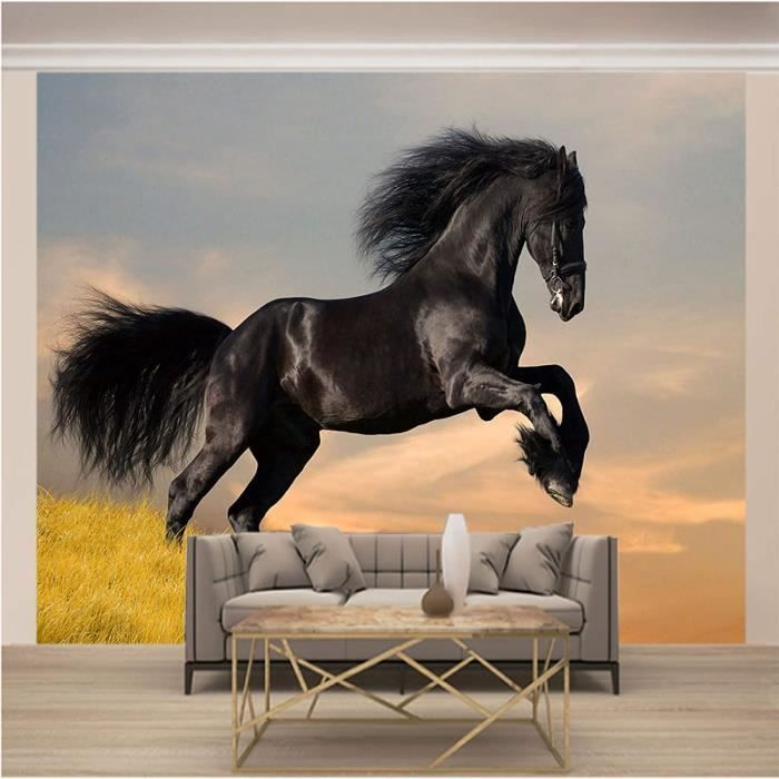 Msrahves 3D Murale Papier peint intissé Noir animal cheval prairie