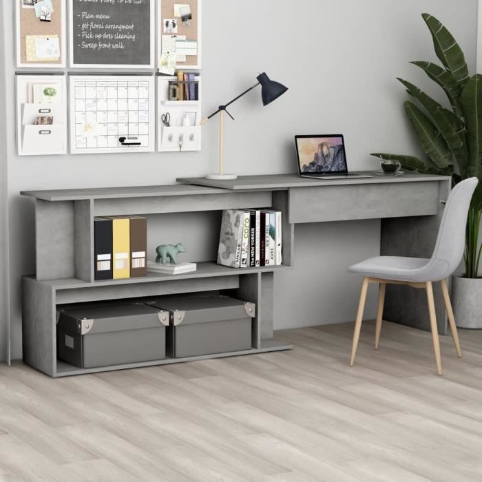 Bureau dangle Gris béton - Aggloméré - 200x50x76 cm - Rotatif - Avec des compartiments ouverts