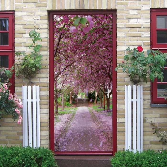 Autocollant Porte 3D Lotus Art Zen - Stickers Trompe L'Oeil PVC Imperméable 77x200cm Pour Décoration Intérieure