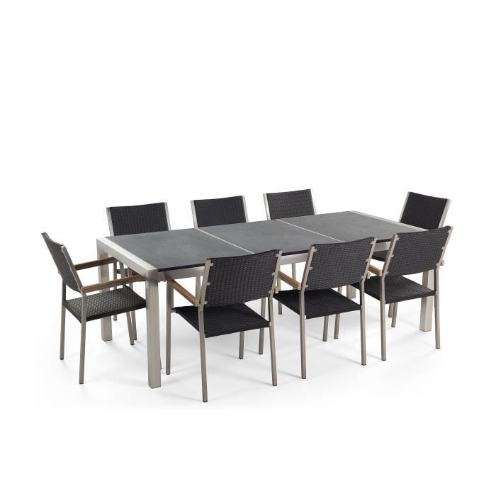 beliani - table de jardin acier inox plateau granit triple noir flambé 220 cm avec 8 chaises en rotin grosseto