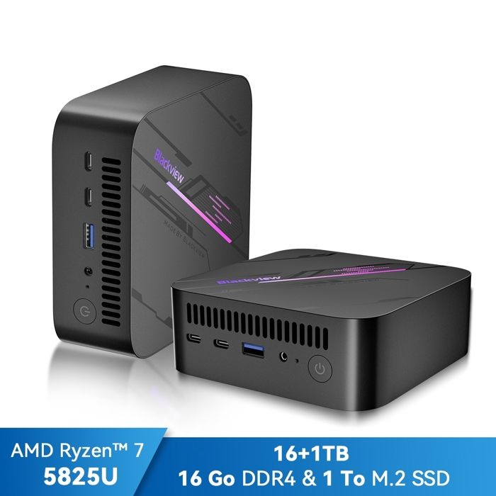 Mini PC Blackview MP100 AMD Ryzen™ 7 5825U 4.5GHz Max 16 Go 1 To-SSD 2To Windows 11 Pro Wifi 6 4K UHD Display NETFLIX – Gris