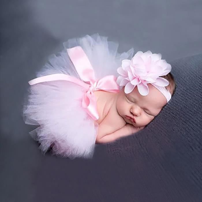 Nouveau Né Bébé Jupe Tutu Avec Mignon Bandeau Fleur Photo rose clair