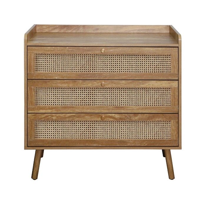 CALICOSY - Commode 3 tiroirs avec façades en rotin naturel L80 cm - PALMO - Bois clair