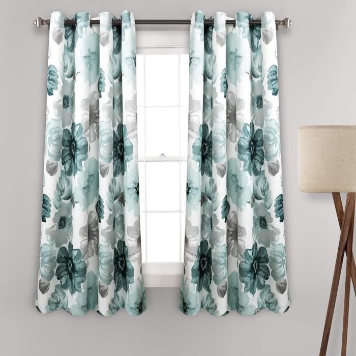Rideaux Lin Floral Bleu Campagnard 132x213cm - Lot De 2 Panneaux Avec Pompons, Style Rustique Élégant