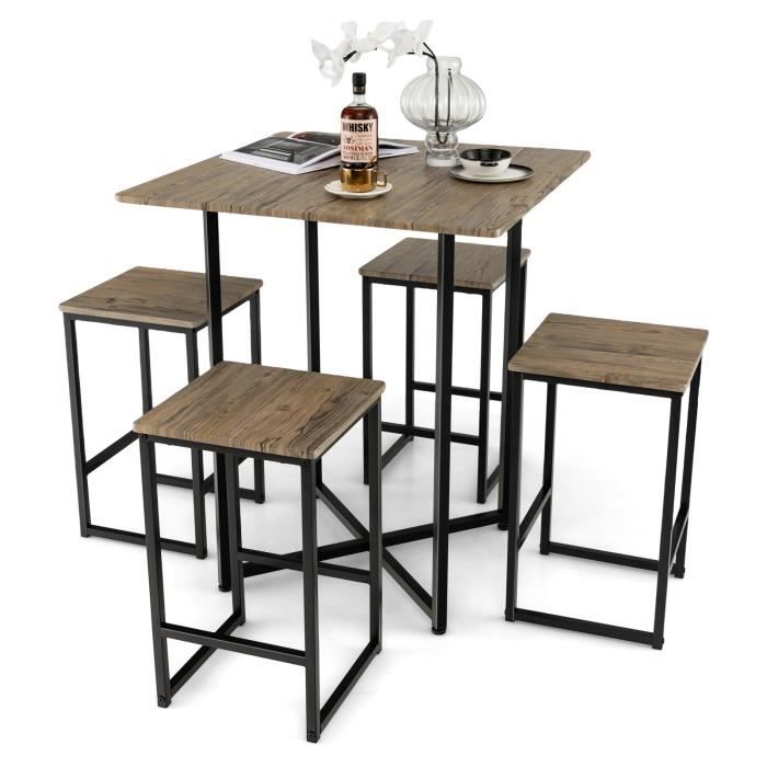costway ensemble table de salle à manger avec 4 tabourets, cadre en métal industrielle, patins réglables