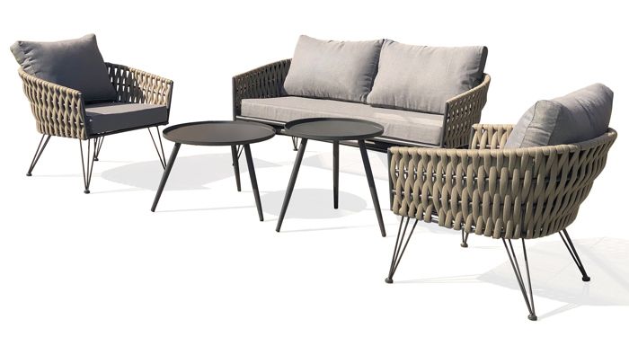 Salon bas de jardin CAPRI 4 places en corde tissée taupe et acier - GRIS ANTHRACITE Salon bas de jardin CAPRI 4 places en corde tissée taupe et acier - GRIS ANTHRACITE
