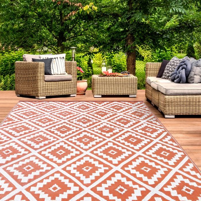 Tapis Extérieur Bahamas Terracotta 180x280 CM - Tapis Jardin Résistant Anti-UV Géométrique Réversible