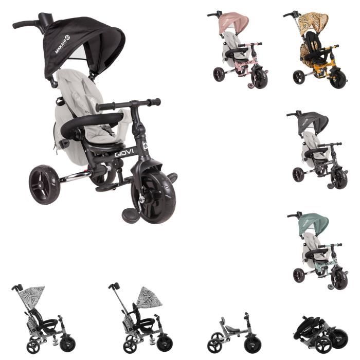 Tricycle Giovi 3 en 1 - Kikkaboo - Noir - Pliable - Barre de poussée - Porte-boisson