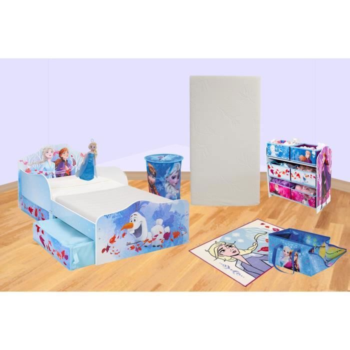 REINE DES NEIGES Pack chambre 6 éléments : Lit 140x70 cm et matelas, Meuble rangement, Tapis, Peluche, Tapis de jeu, Sac à linge