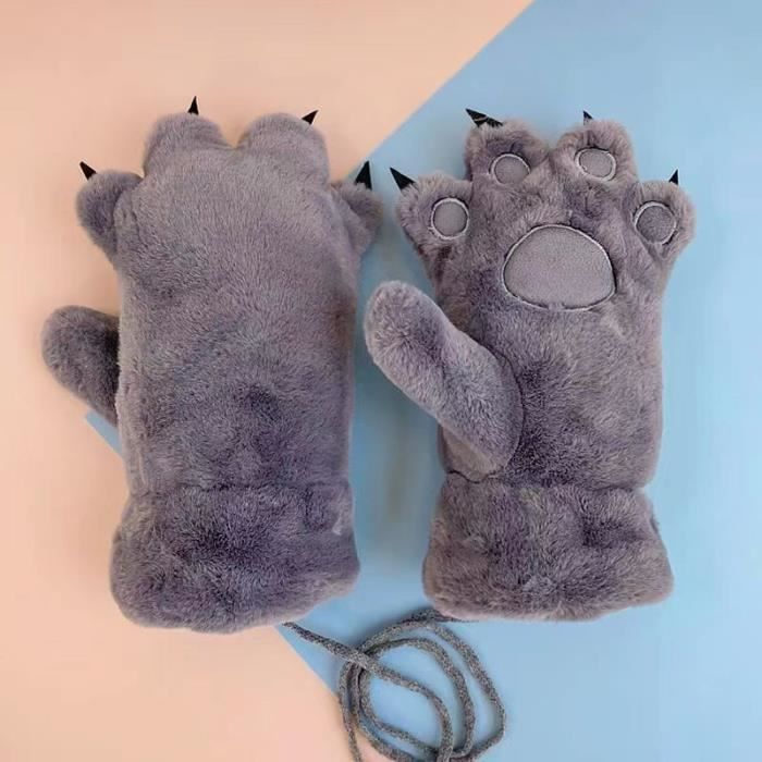 Gant Mitaine Hiver Gris Patte Chat Ou Ours Peluche Chaud Et Confortable Style Kawai Japonisant