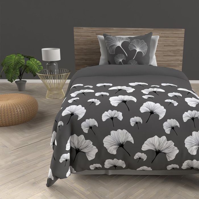 Parure housse de couette en coton 57 fils/cm2 140x200 cm GINKGO gris par Soleil dOcre Parure housse de couette en coton 57 fils/cm2 140x200 cm GINKGO gris par Soleil dOcre