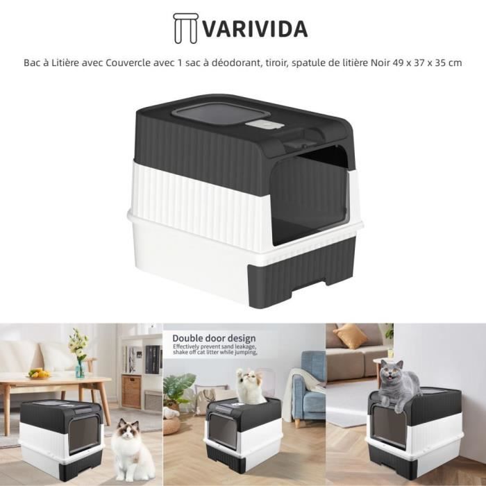 Meilleurs prix pour Bac à Litière pour Chat - VARIVIDA - Avec Couvercle, Tiroir et Sac à Déodorant - Noir