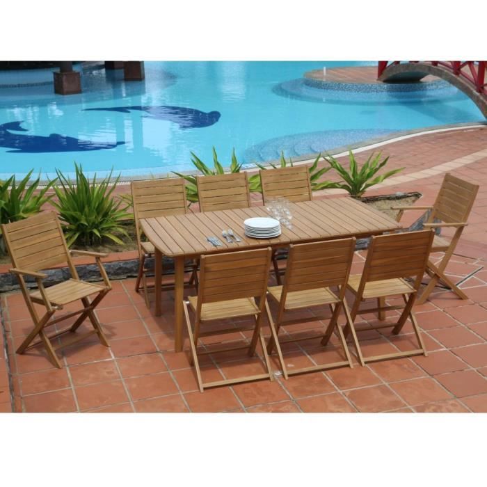 Salle à manger de jardin pliante en acacia: une table extensible L180/240cm + 2 fauteuils + 6 chaises - Rallonge papillon - NEMBY