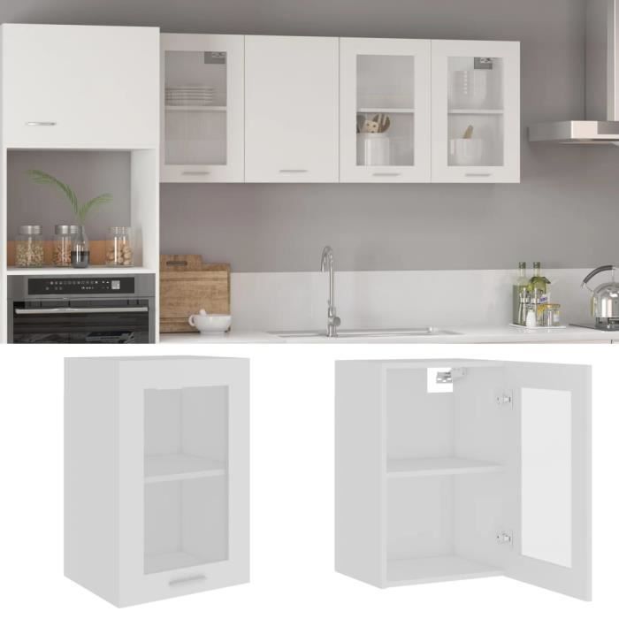 Top Armoire en verre suspendue - Placard Cuisine Mural JILI - Blanc 40x31x60 cm Aggloméré12 Kg