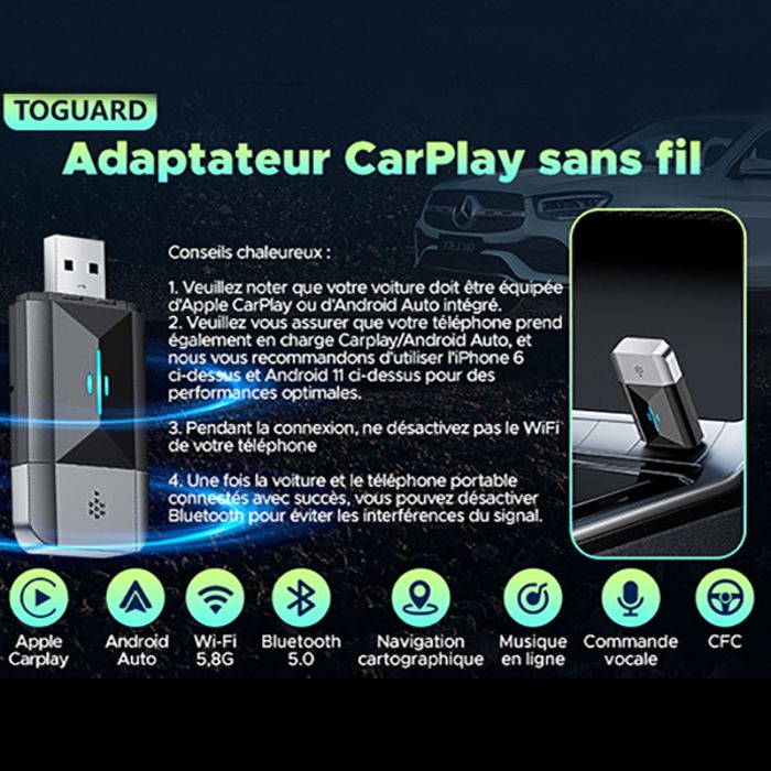 Carplay Sans Fil& Android Auto Sans Fil Adaptateur, Car Play Iphone Sans Fil Connexion À Deux