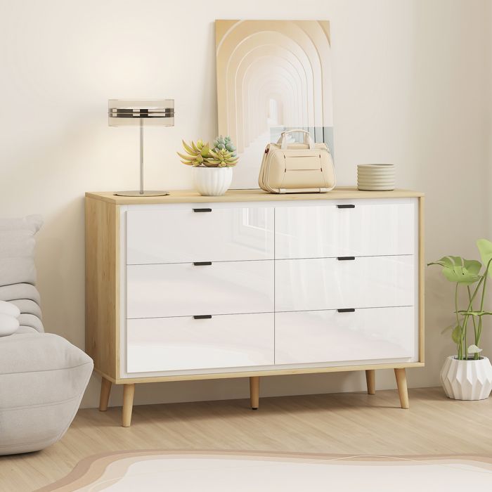 Commode 6 Tiroirs HOMCOM Brillante Blanc Et Chêne - Meuble Rangement Moderne 110x40x75 Cm