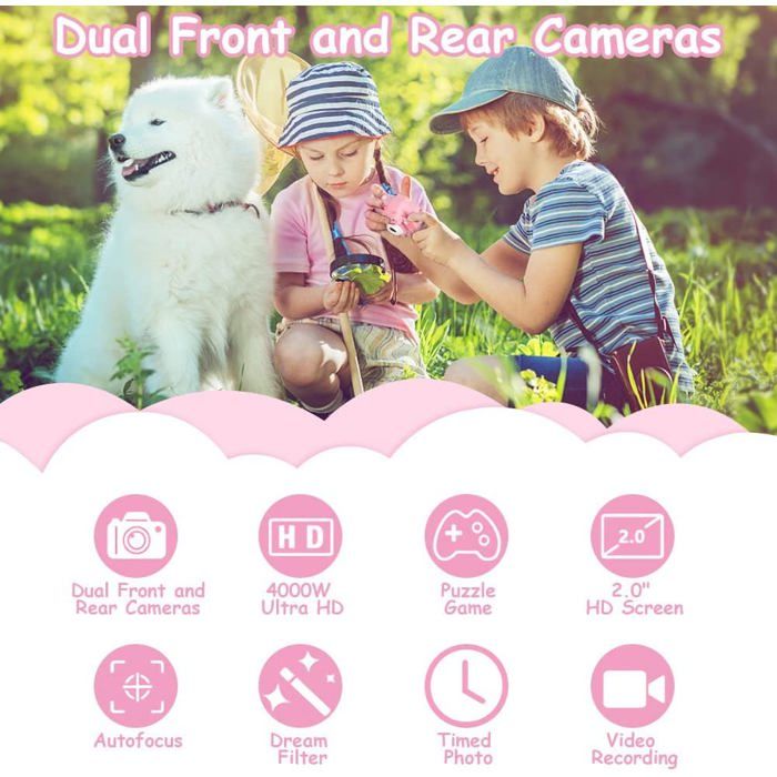 Brolteja Appareil Photo Enfant Dinosaure – Écran 2,8″ Tactile, 32 Go, 1080p, Jeux, Musique, Cadeau 3-10 Ans