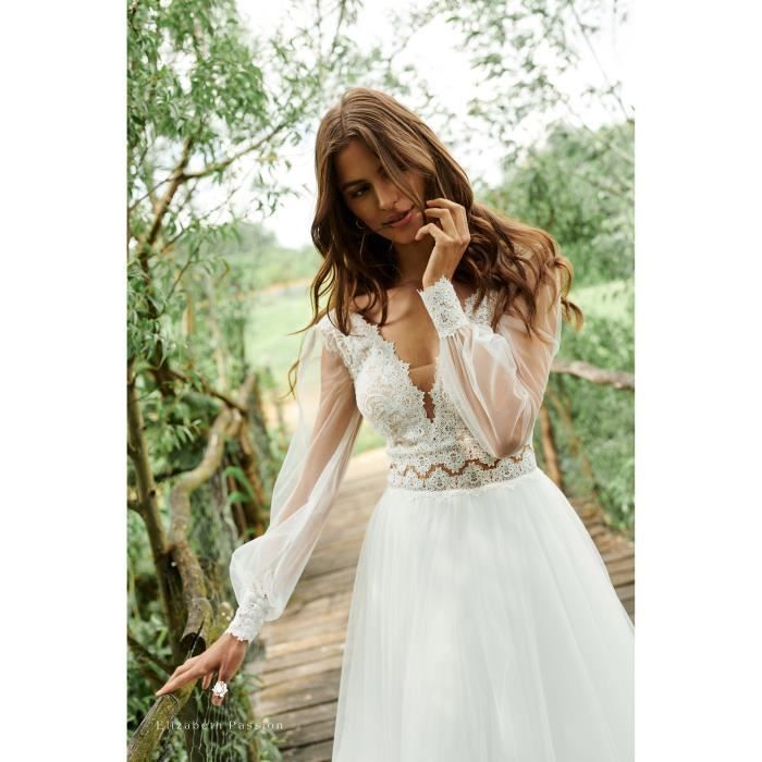 Robe de marie dos nu manches longues bouffantes et col en V robe blanche longueur au sol quoi que ce soit pour les femmes Blanc Cdiscount Pret a Porter