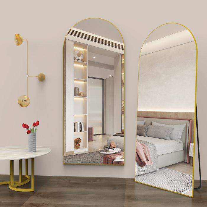 Miroir Pleine Longueur, 162 X 53 Cm, En Forme D'arc, Cadre En Aluminium Doré, Sur Pied Bombé, Grand Miroir Mural Pour Chambre à Coucher, Salon