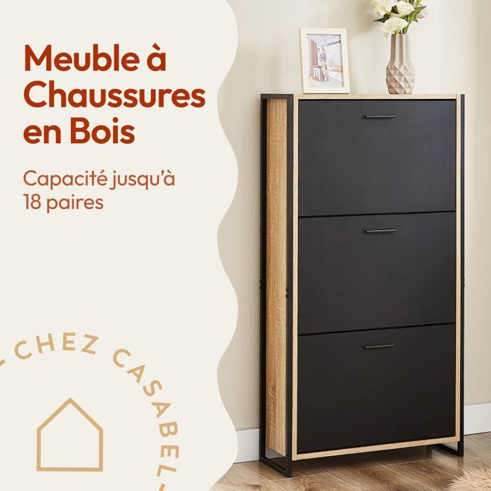 Meuble Rangement Chaussures CASABEL 24 Paires - Armoire Étagère Entrée Couloir L60xP24xH150 Cm - Noir Bois Clair