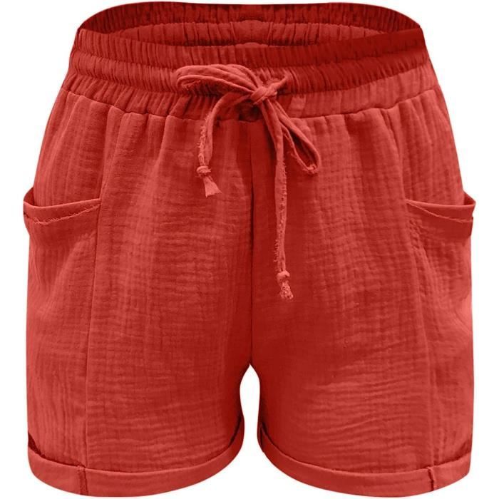 Short Lin Coton Femme ete Chic Large Fluide Pas Cher Shorts Habille Femme Grande Taille elastique avec Confortable Ample Short J Rouge Cdiscount Pret a Porter