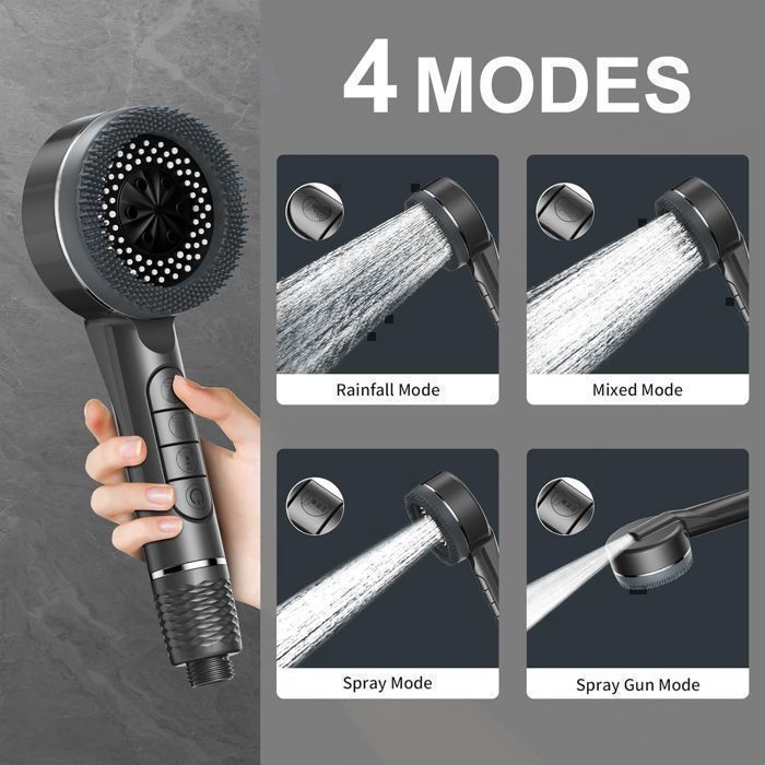 Pommeau De Douche Avec Filtre 6 Modes + Flexible 1,5 M - Haute Pression, Anti-Calcaire, Noir