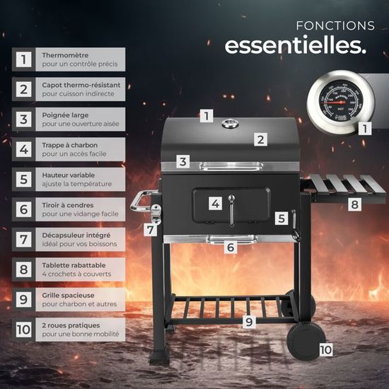 Barbecue Charbon XL Avec Thermomètre - Grille Réglable, Roues, Tablette | Tectake