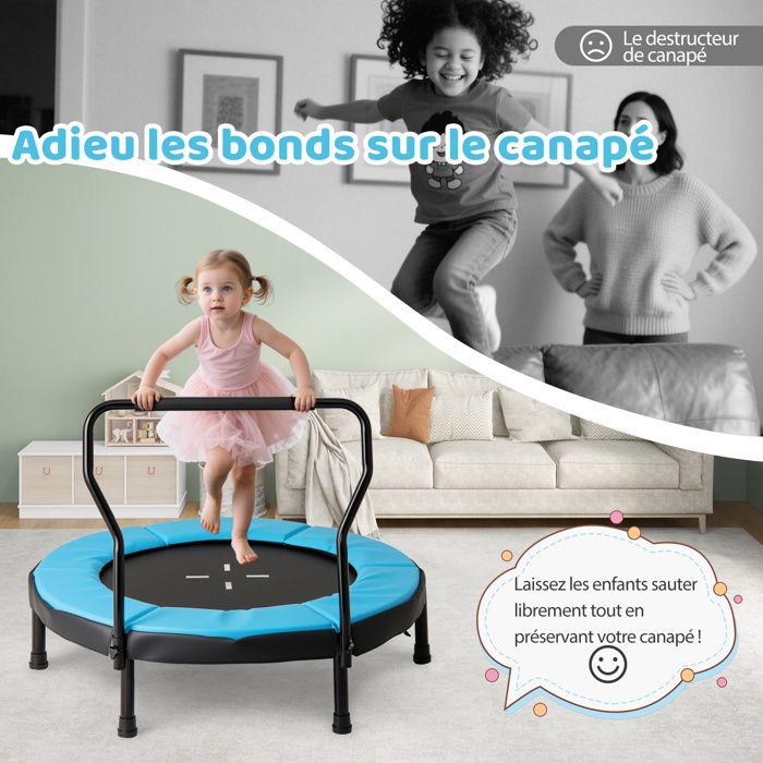 LIFERUN Trampoline de fitness d'intérieur avec housse de bord, jusqu'à 150 kg, 102/122 cm, poignée de maintien à 3 niveaux, sans montage, suspension en corde en caoutchouc silencieuse, pour enfants