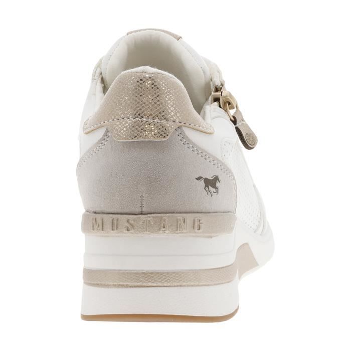 Baskets basses semi compensees Mustang Femme Blanc Talon 4 5 cm Lacets et zip lateral Cdiscount Chaussures