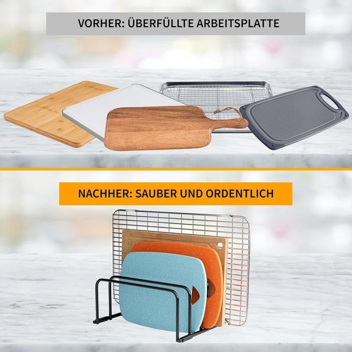 Lot De 2 Supports Pour Planches à Découper Noir - 5 Fentes, Rangement Gain De Place - Pour Plan De Travail Ou Placard - Avec Tapis Silicone