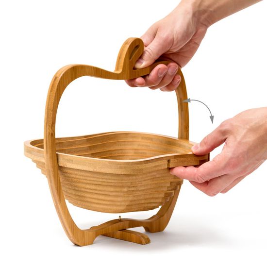 Relaxdays Corbeille à fruits pliable en forme de pomme 30 x 27 x 22,5 cm en bambou pliable avec planche à découper en bois avec motif pomme, marron naturel
