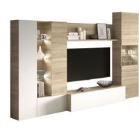 ESSENCIAL Meuble TV avec LED classique blanc brillant et décor chêne - L 260 cm