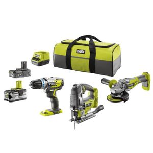 PACK DE MACHINES OUTIL Ryobi pack 3 outils Brushless : perceuse à percussion, scie sauteuse , meuleuse d'angle, 2 batteries 2 / 4 Ah, 1 chargeur 2,0 A