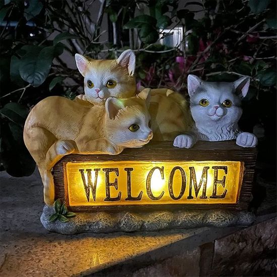 Statue De Chat Solaire Pour Jardin - Résine, Lumière LED Automatique, 22x11x15cm, Décoration Extérieure
