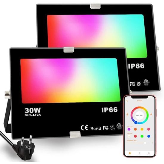 2Pcs RGBW Projecteur LED Exterieur 30W contrôlé par smartphone, Intelligente RGB Spot LED de Couleur,20 Modes 16 millions Couleurs