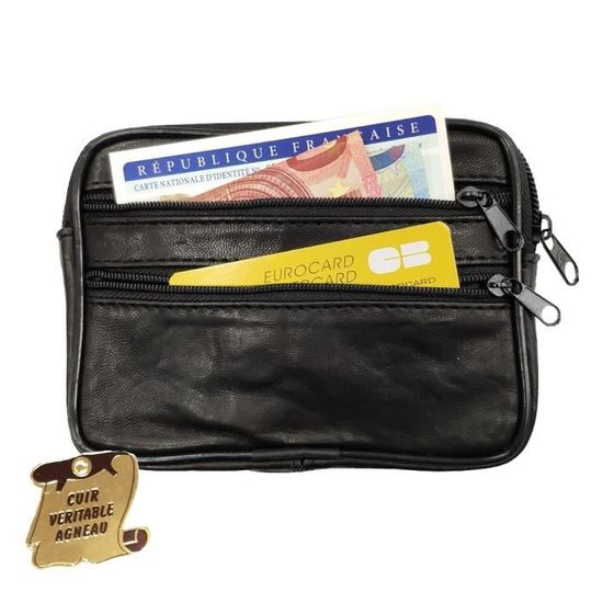 Porte monnaie pochette cuir compact 3 fermetures, passant ceinture, pour petit portefeuille, identité, crédit, permis -Noir-LOLUNA®