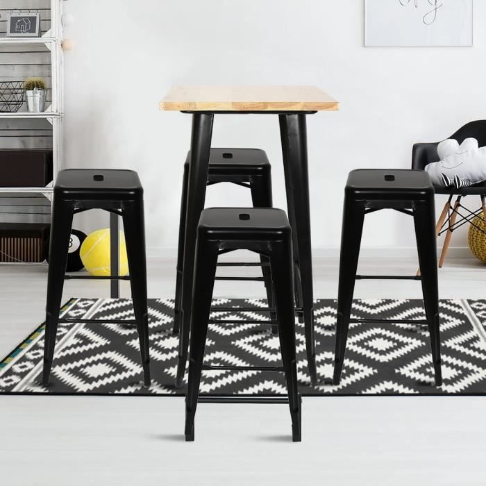 Table haute en bois+4 Tabouret de Bar Design Industriel Bistrot Bois et Métal Vintage